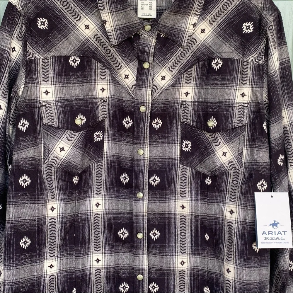 Women's ARIAT REAL Flannel Shirt Thunderstorm Plaid Aztec Dobby Size XXL Snap - Picture 2 of 6